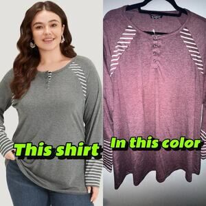 Size 12 •  Large • BloomChic • RED Striped Patchwork Button Round Neck T-Shirt